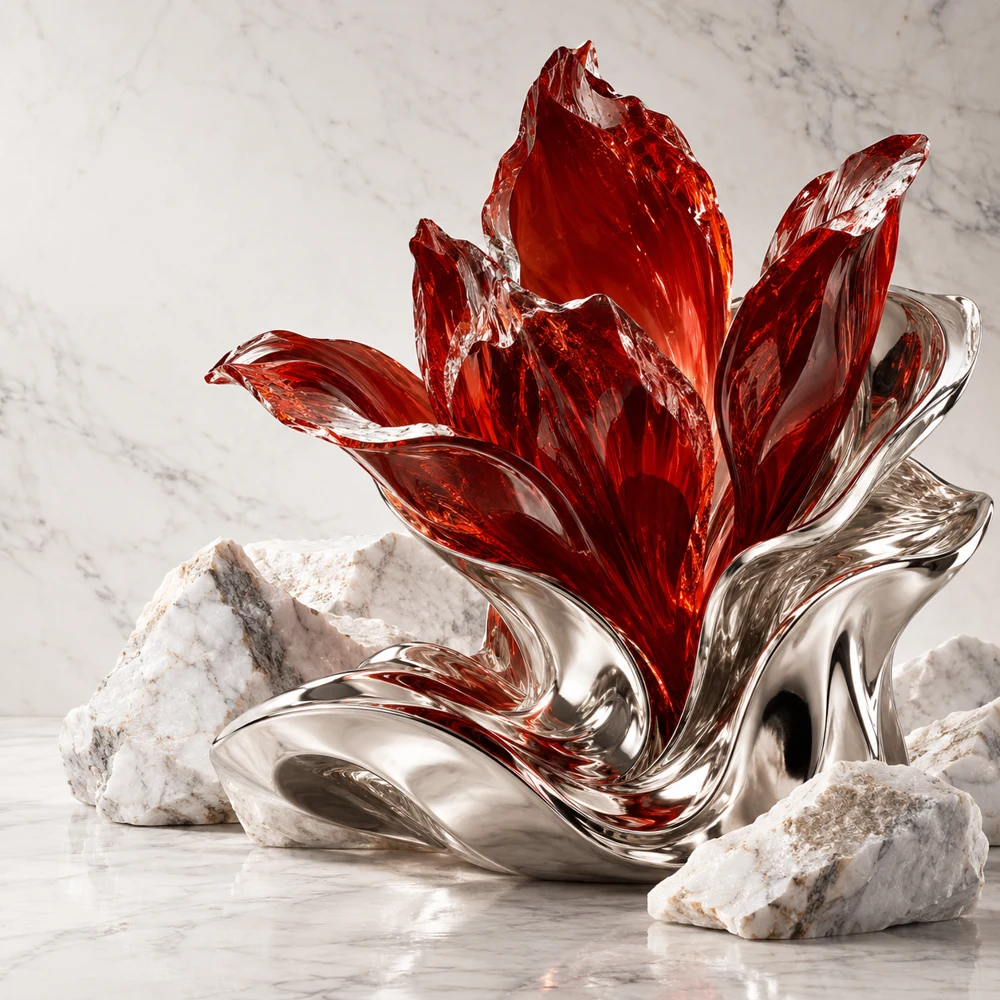 An original red crystalline sculpture emerging from silver, representing MSA Exclusives