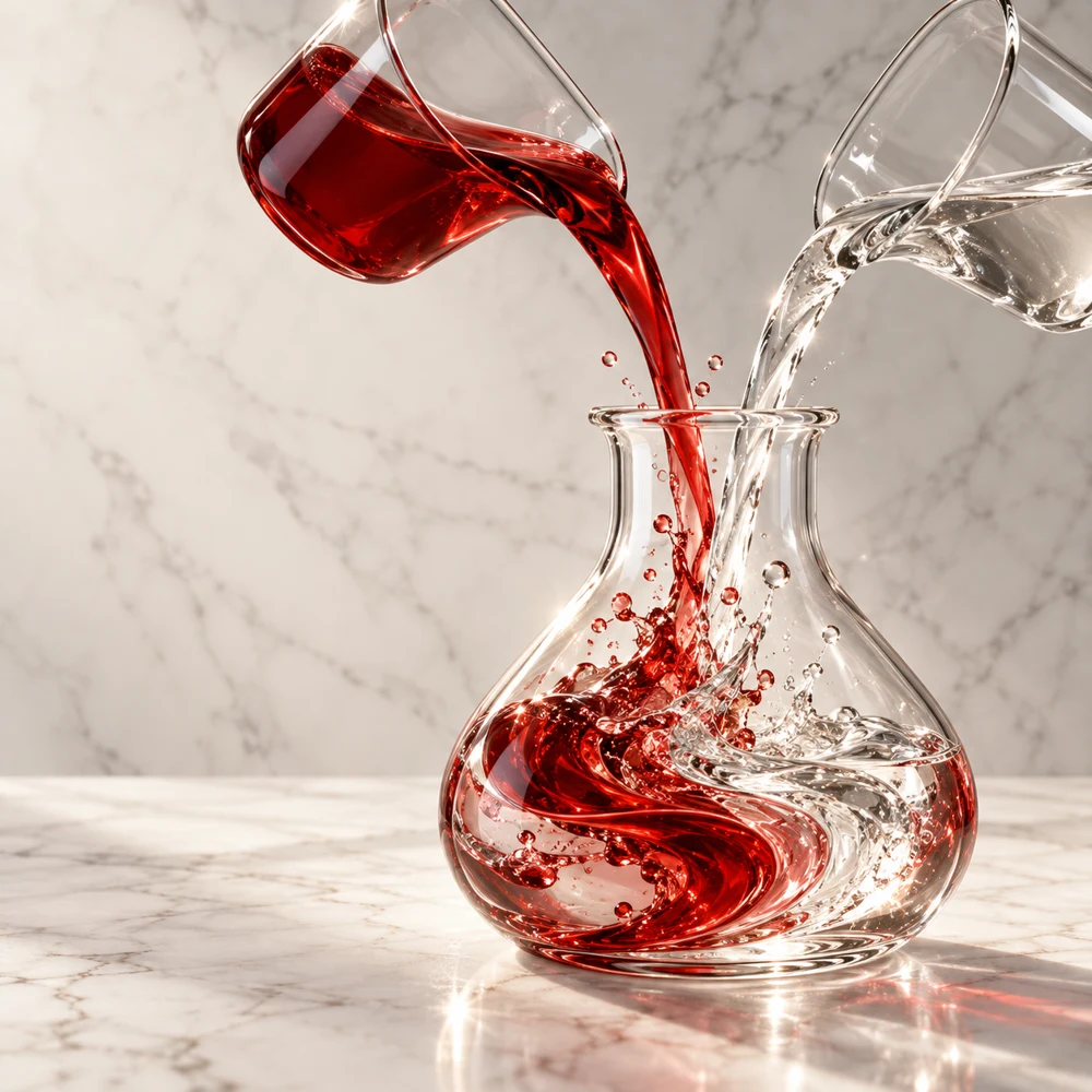 Two fragrance liquids pouring together into a glass vessel