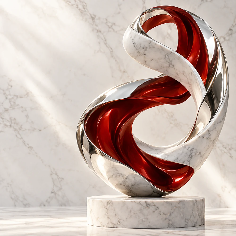 Red, silver and marble sculpture representing the Niche Fragrances