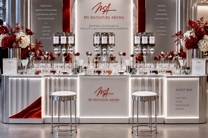 An MSA event setup with fragrance ingredients, glassware and red, white and silver styling
