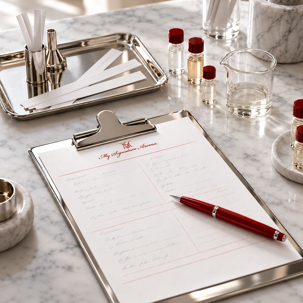 MSA formulation sheet on a silver clipboard with scent blotters and sample vials on marble