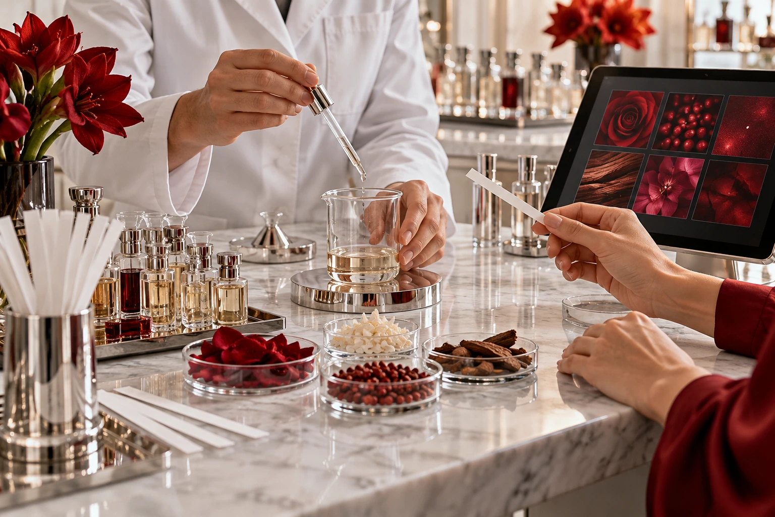 Illustration of a scent designer guiding a customer through fragrance blending at a marble worktop