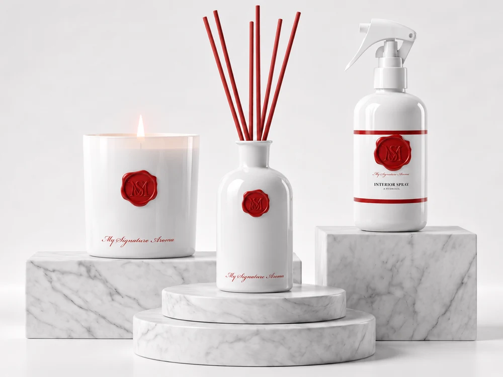 MSA scented candle, reed diffuser and interior spray on white marble plinths