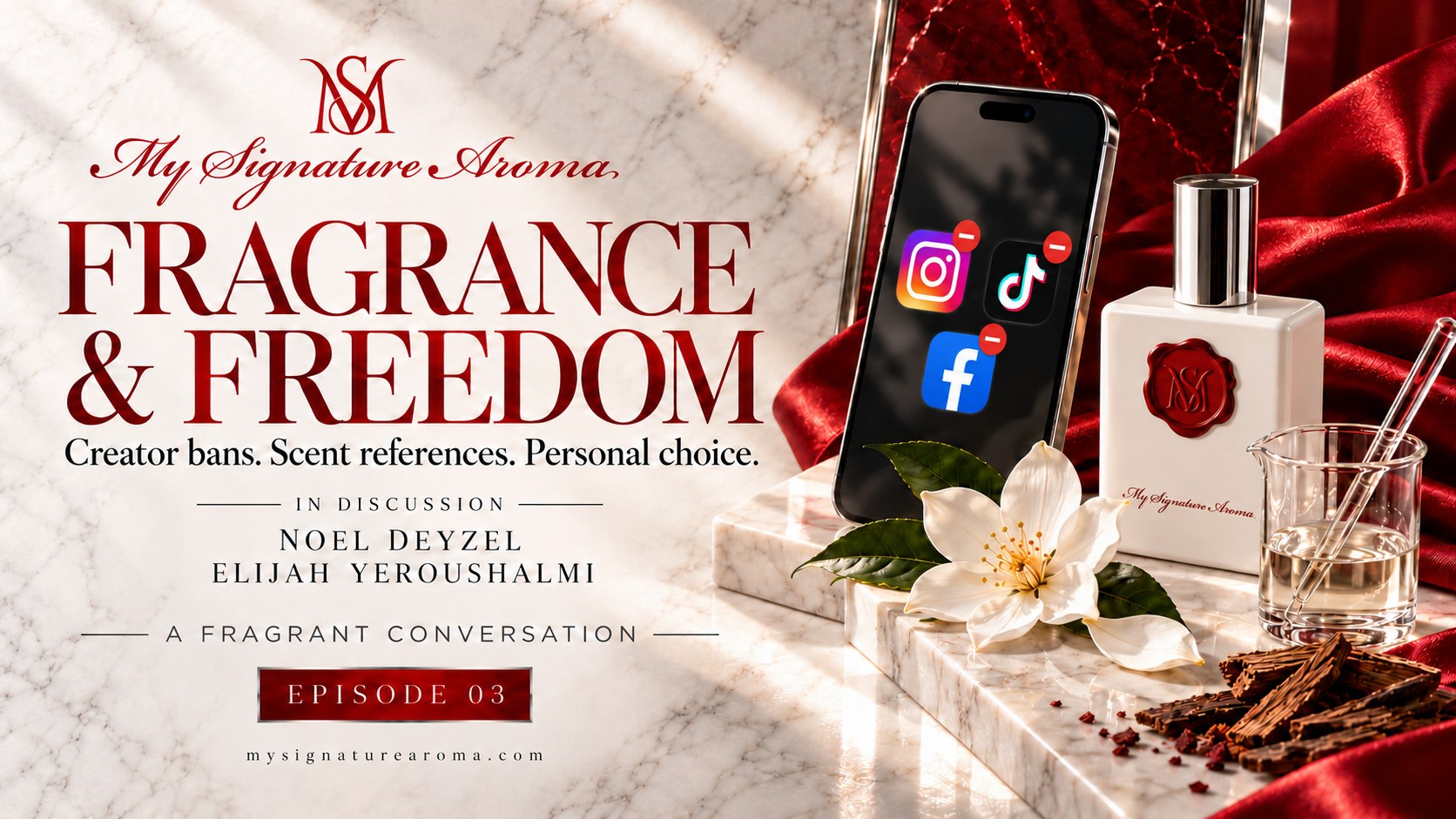 My Signature Aroma Fragrance and Freedom, Episode 03: an MSA bottle beside a phone showing Instagram, TikTok and Facebook icons