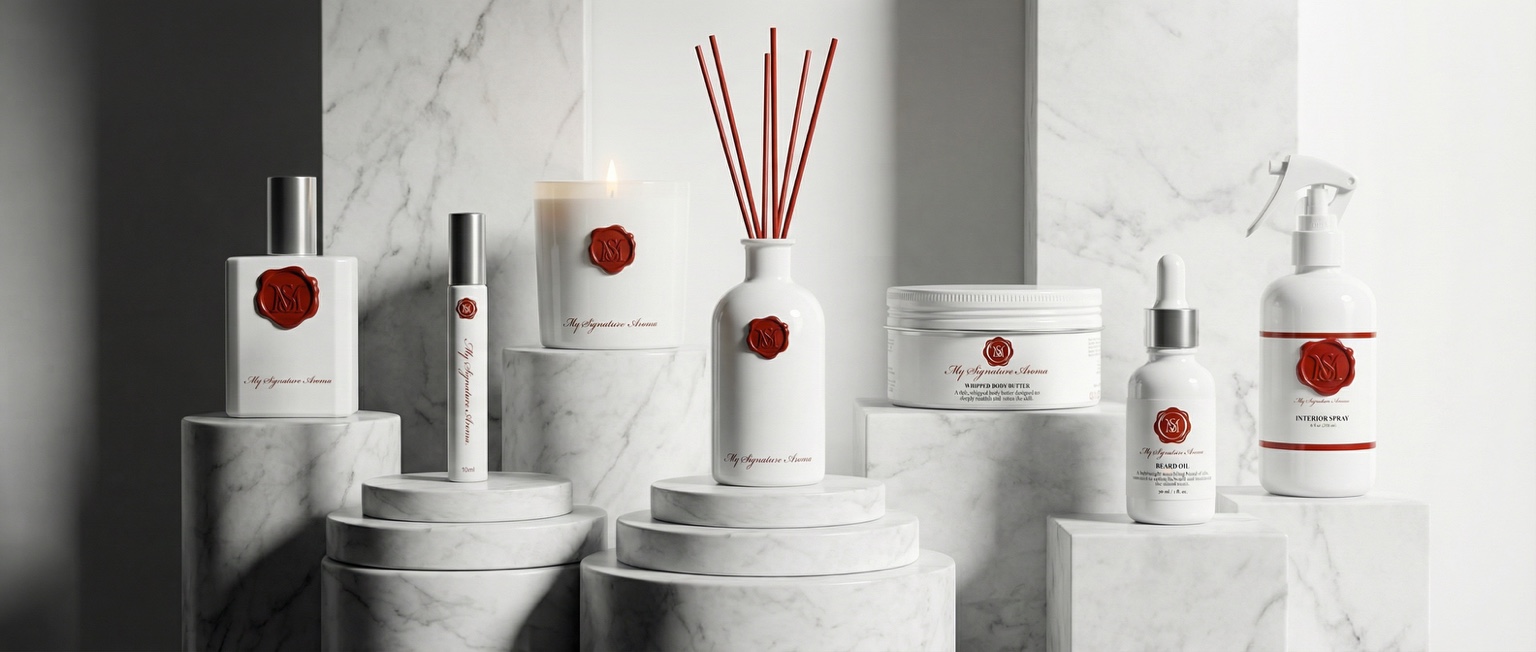 MSA fragrance and home scenting products on marble plinths