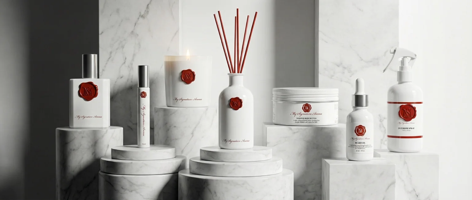 My Signature Aroma Fragrance Sprays, scented candle, reed diffuser, body butter, beard oil and interior spray on white marble plinths