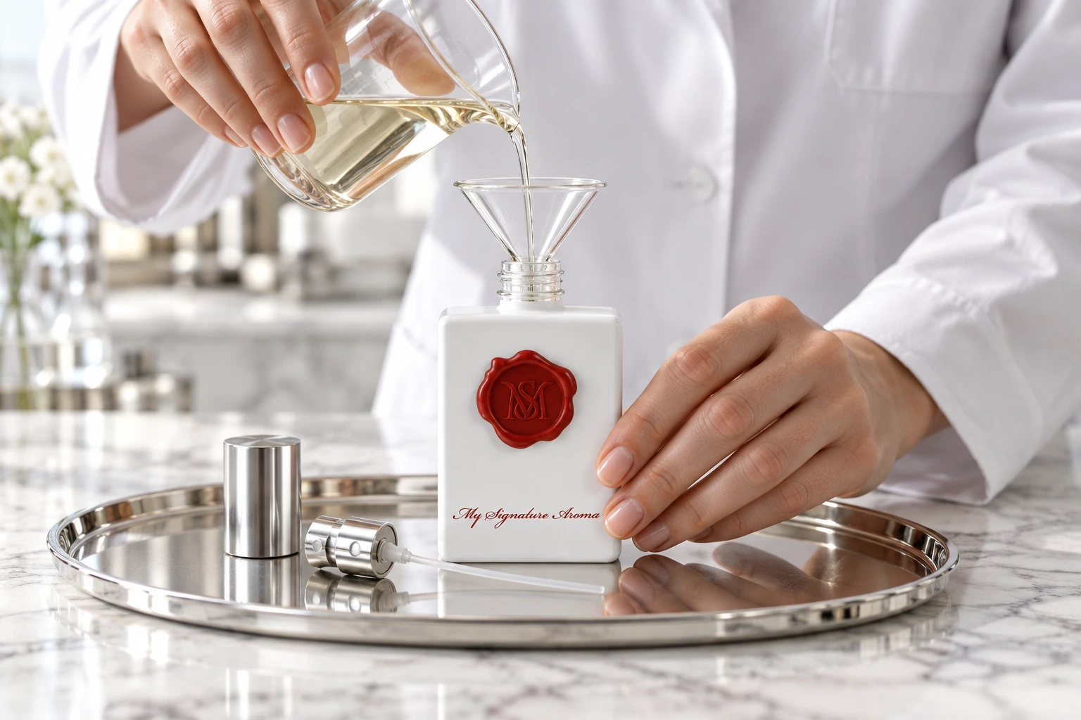 Illustration of a scent designer refilling an existing My Signature Aroma bottle at a marble worktop