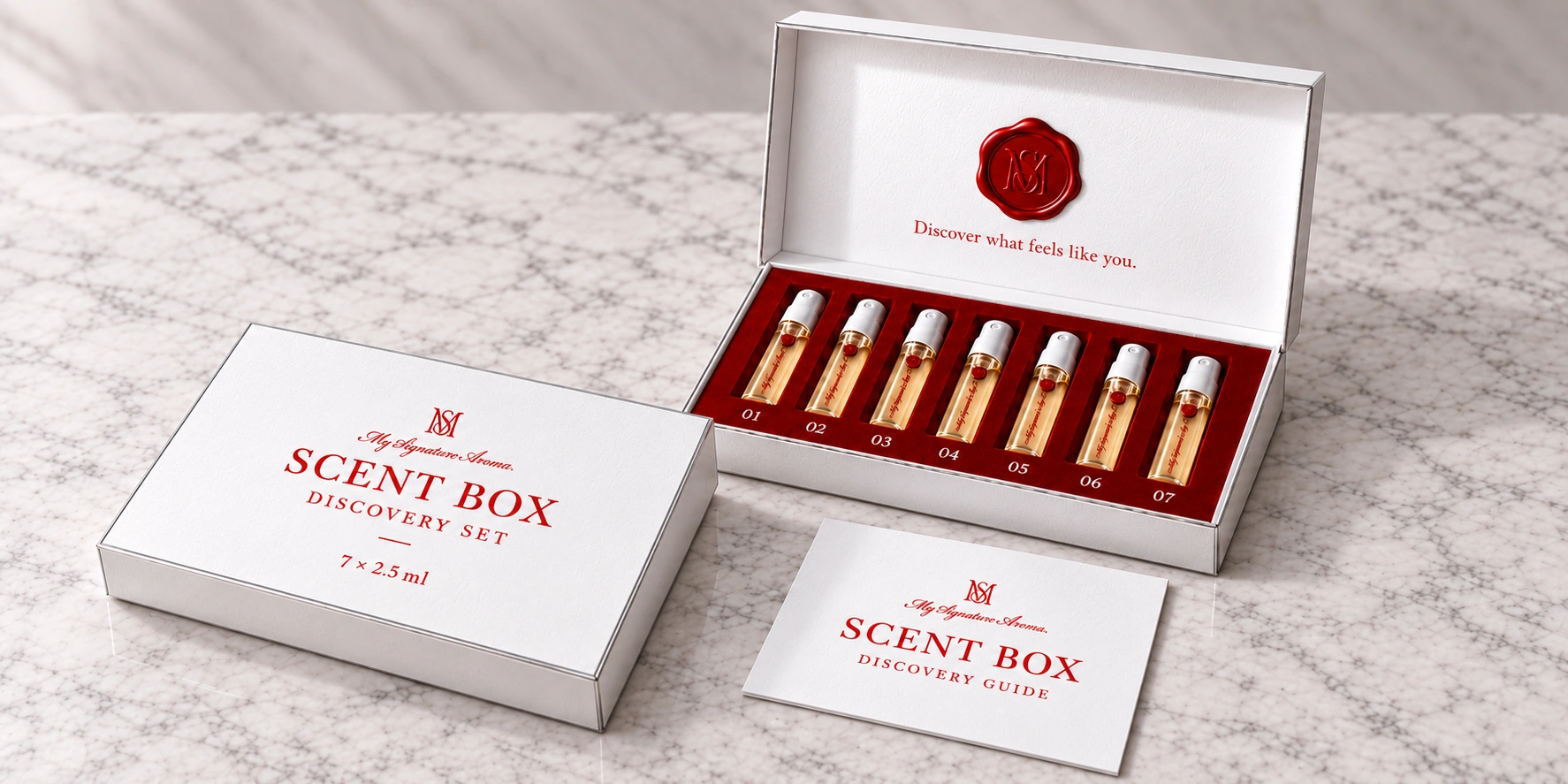 White MSA Scent Box discovery set with red wax seal and seven sample sprays